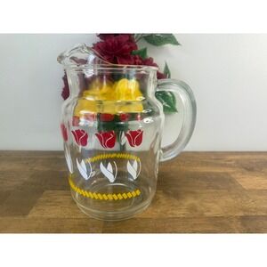 Vintage Anchor Hocking Tulip Pitcher‎ Retro Floral Glass Lemonade Jug Barware